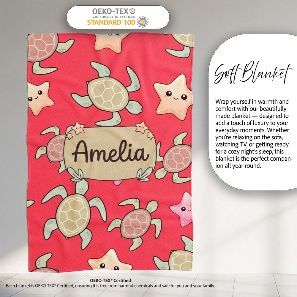 Cute Sea Turtle and Starfish Bright Red Ocean Seamless Pattern Personalised Custom Name Super Soft Fleece Blanket Bed Sofa Throw