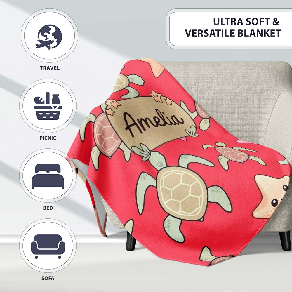 Cute Sea Turtle and Starfish Bright Red Ocean Seamless Pattern Personalised Custom Name Super Soft Fleece Blanket Bed Sofa Throw