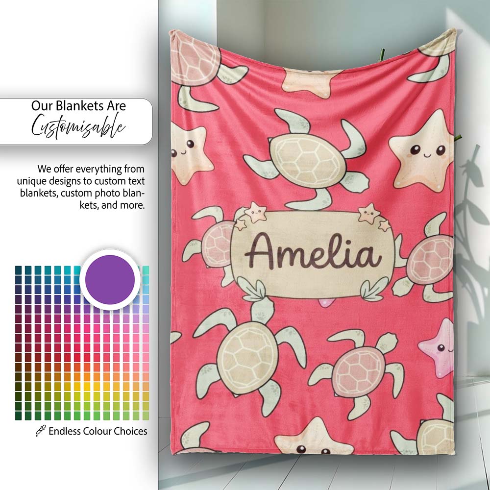 Cute Sea Turtle and Starfish Bright Red Ocean Seamless Pattern Personalised Custom Name Super Soft Fleece Blanket Bed Sofa Throw