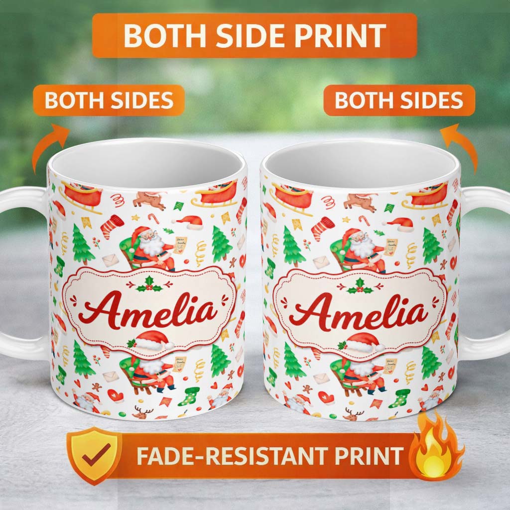 Personalized Custom Name Watercolor Santa Sleigh Reindeer Christmas Seamless Pattern Lovely 11oz Ceramic Coffee Tea Mug White Large Handle