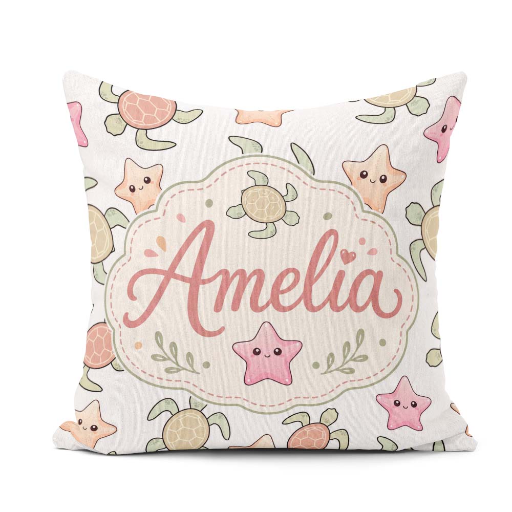 Custom Name Sea Turtle and Starfish Light Ocean Seamless Pattern Square Filled Cushion Throw Pillow Sofa Bed Home Decor Zip Washable UK Made