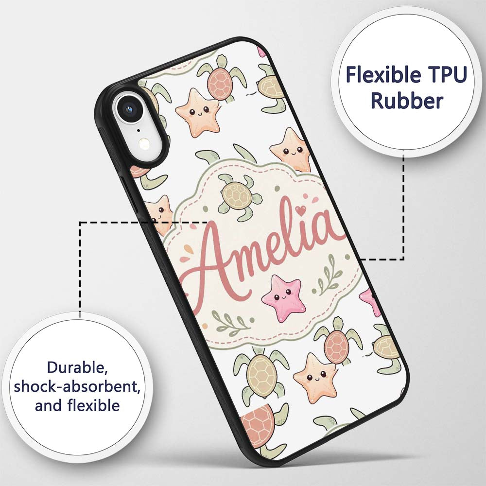 Cute Sea Turtle and Starfish Light Grey Ocean Custom Name Protective Phone Case Mobile Cover Durable Everyday Smartphone Shock Resistant