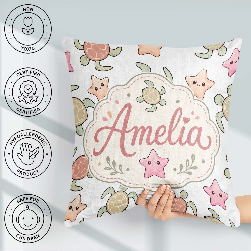 Custom Name Sea Turtle and Starfish Light Ocean Seamless Pattern Square Filled Cushion Throw Pillow Sofa Bed Home Decor Zip Washable UK Made