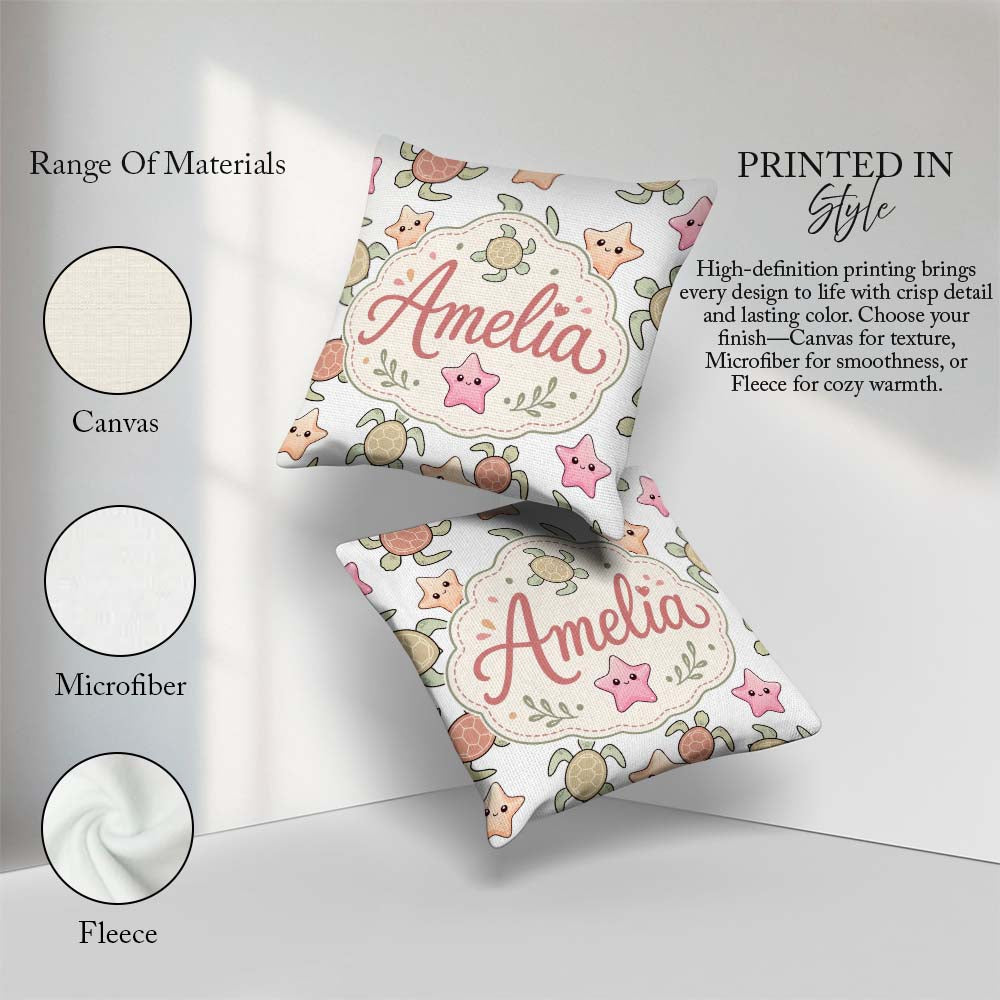 Custom Name Sea Turtle and Starfish Light Ocean Seamless Pattern Square Filled Cushion Throw Pillow Sofa Bed Home Decor Zip Washable UK Made