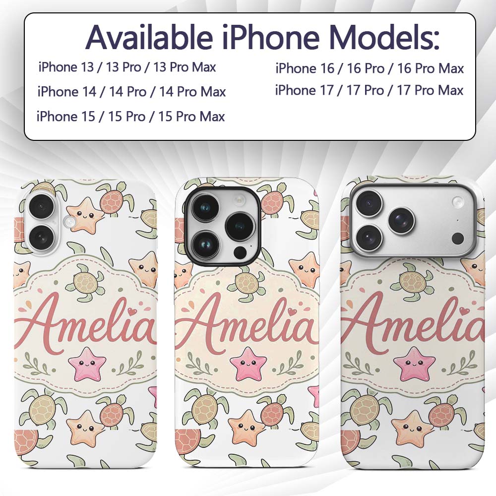 Cute Sea Turtle and Starfish Light Grey Ocean Custom Name Protective Phone Case Mobile Cover Durable Everyday Smartphone Shock Resistant