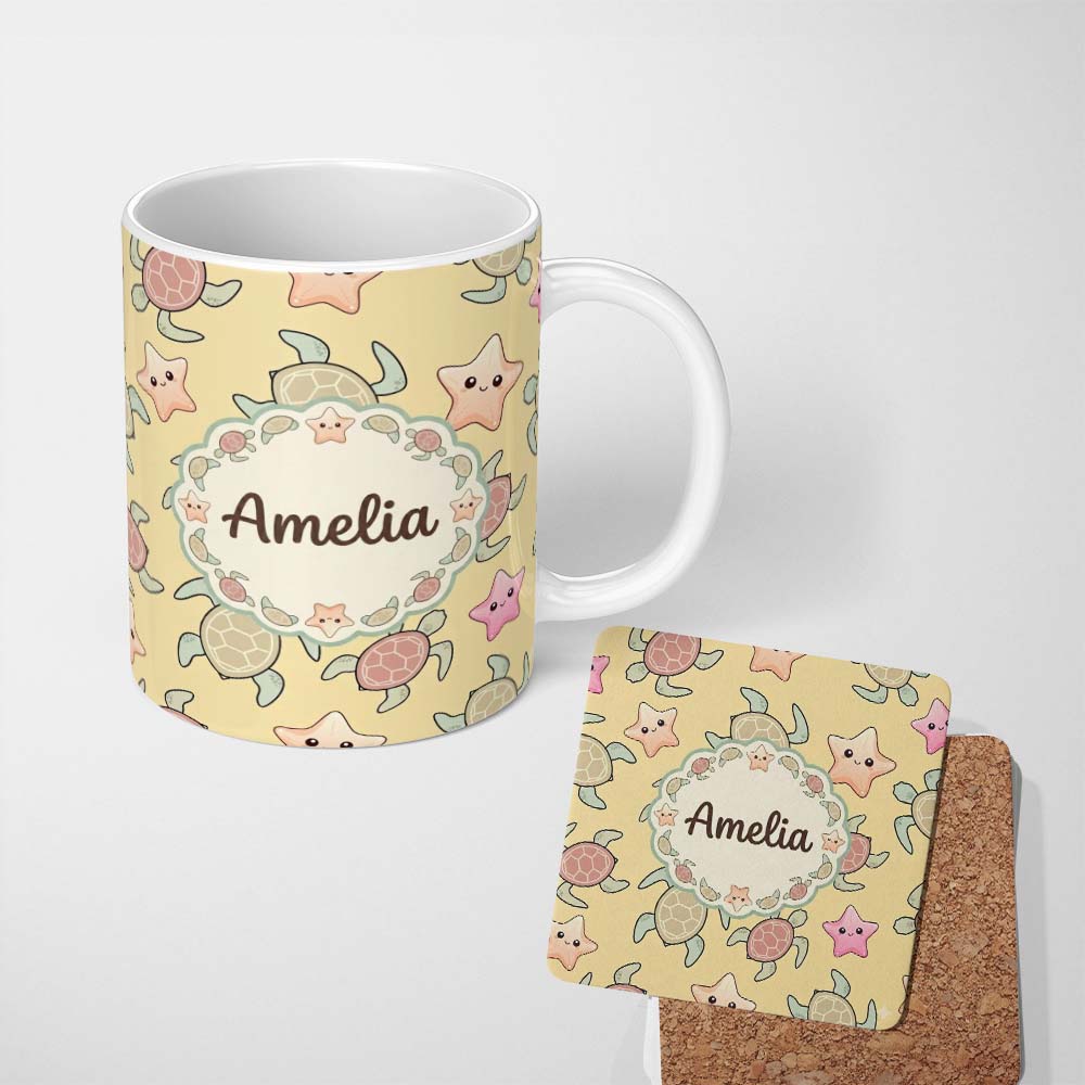 Personalized Custom Name Cute Sea Turtle and Starfish Sandy Beige Ocean Seamless Pattern Name 11oz Ceramic Coffee Tea Mug White Large Handle