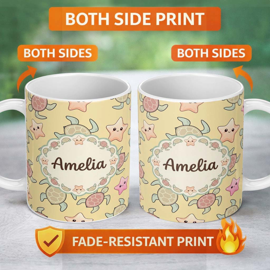 Personalized Custom Name Cute Sea Turtle and Starfish Sandy Beige Ocean Seamless Pattern Name 11oz Ceramic Coffee Tea Mug White Large Handle