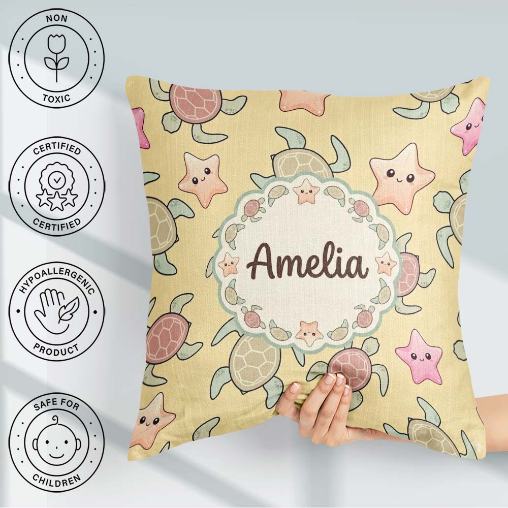 Custom Name Cute Sea and Starfish Sandy Beige Ocean Pattern Name Square Filled Cushion Throw Pillow Sofa Bed Home Decor Zip Washable UK Made