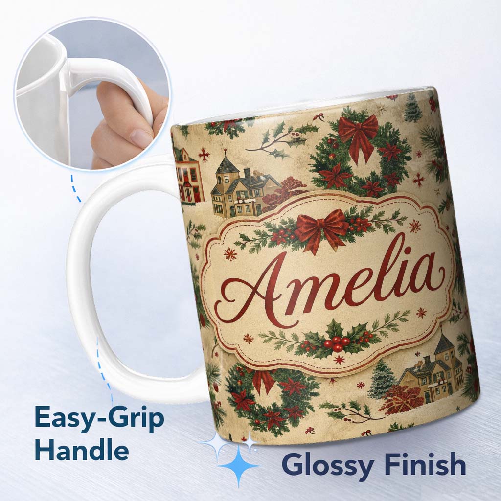 Personalized Custom Name Classic Christmas Wreaths Bows Village Houses Festive Holiday Design 11oz Ceramic Coffee Tea Mug White Large Handle