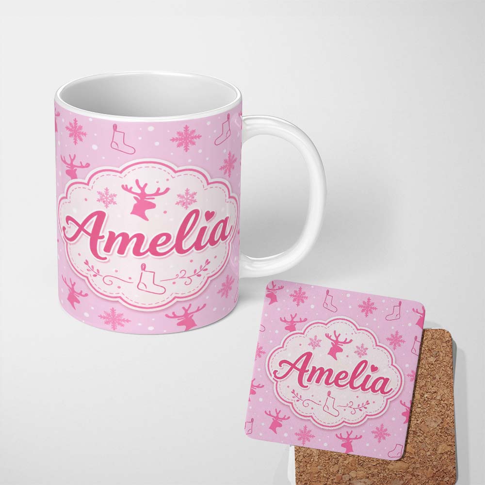 Personalized Custom Name Minimal Pink Reindeer Snowflake Stocking Seamless Pattern Lovely 11oz Ceramic Coffee Tea Mug White Large Handle