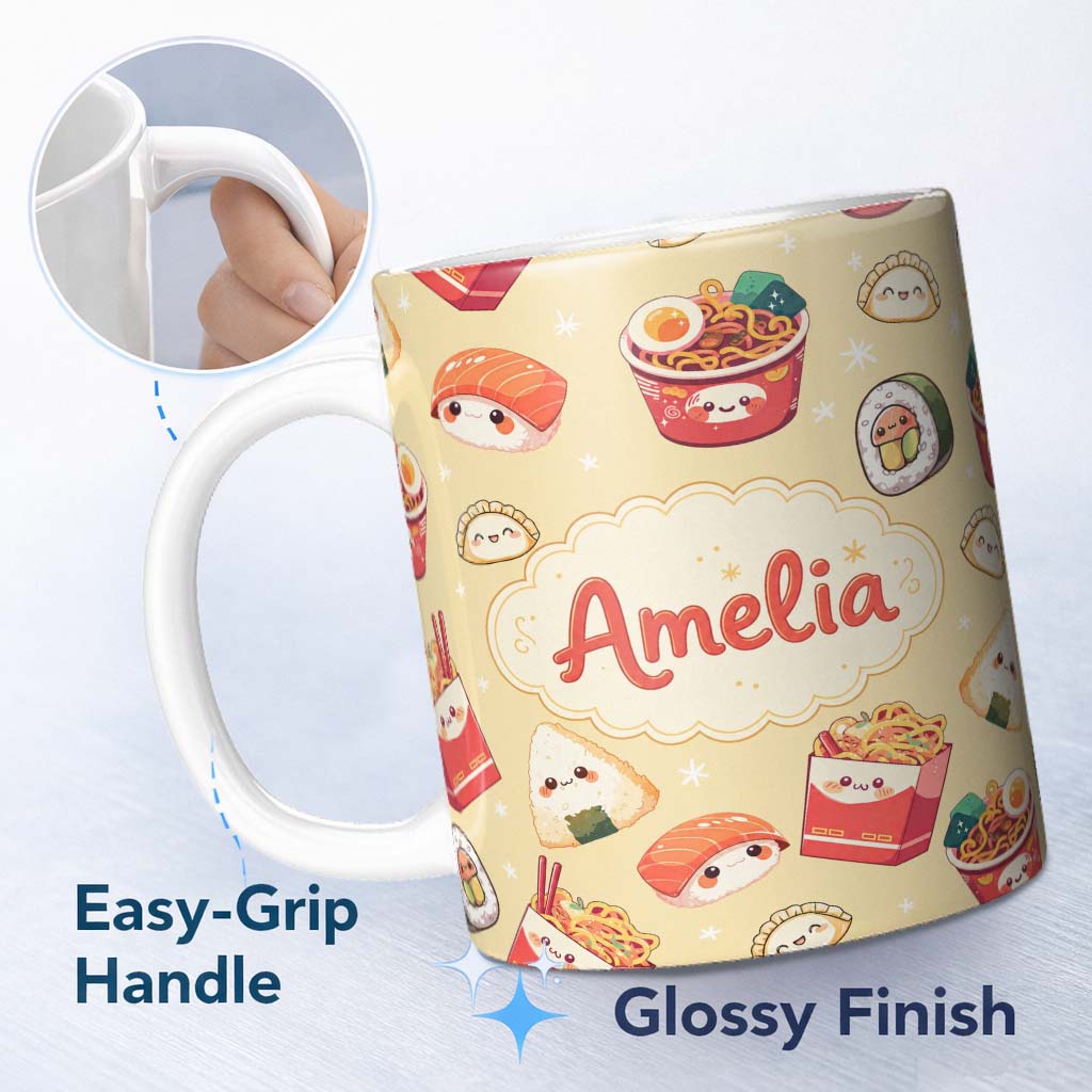 Personalized Custom Name Cute Kawaii Sushi Ramen Dumpling Food Yellow Background Seamless 11oz Ceramic Coffee Tea Mug White Large Handle