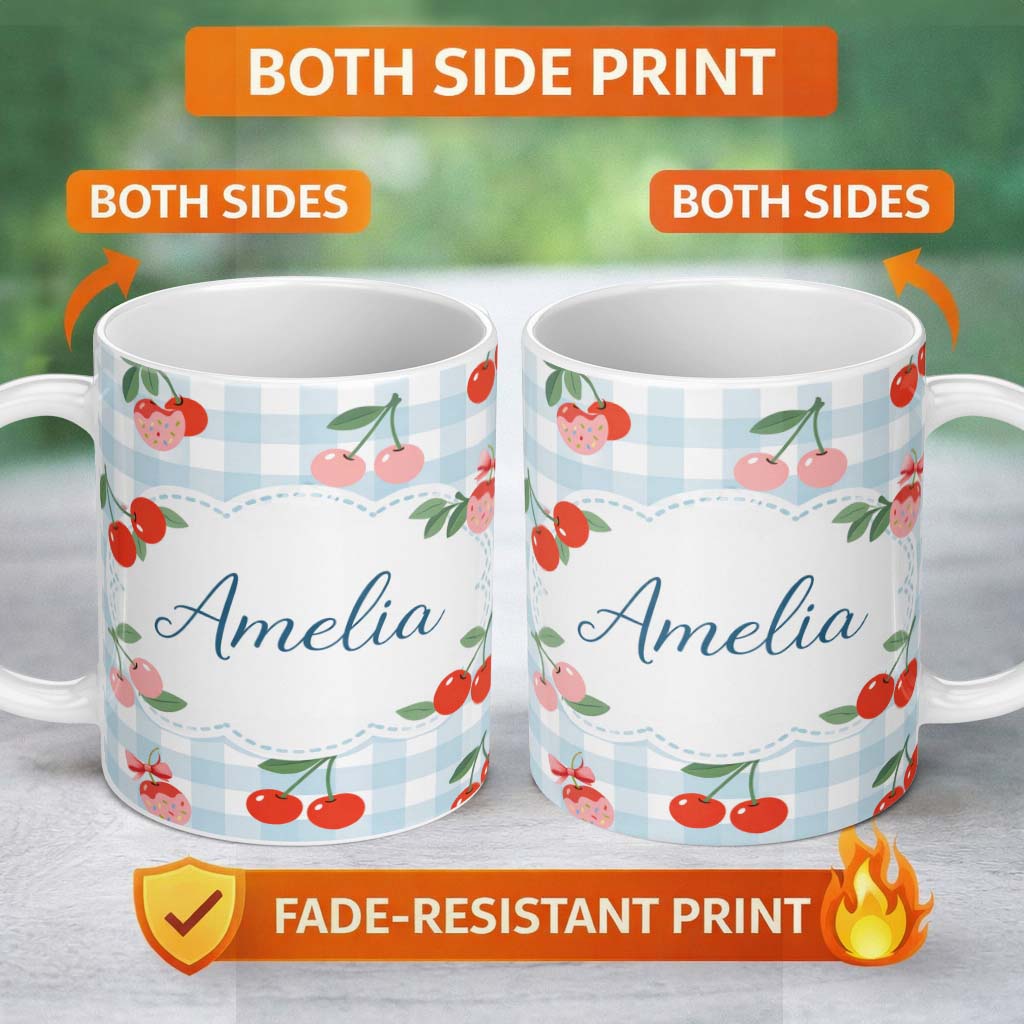 Personalized Custom Name Cherry Fruit Green Gingham Picnic Check Seamless Pattern Lovely 11oz Ceramic Coffee Tea Mug White Large Handle