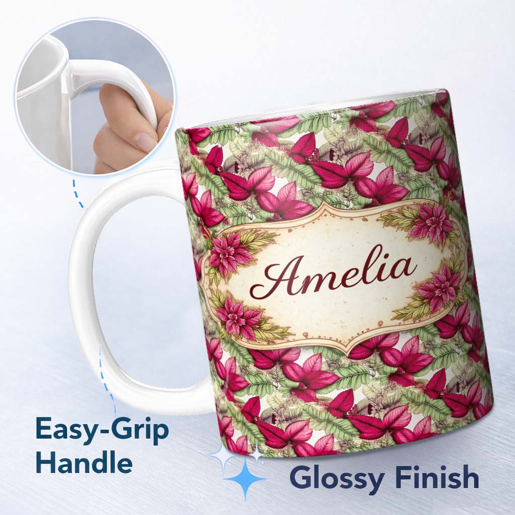Personalized Custom Name Red Green Botanical Leaves Vintage Seamless Pattern Cute Unique Gift 11oz Ceramic Coffee Tea Mug White Large Handle