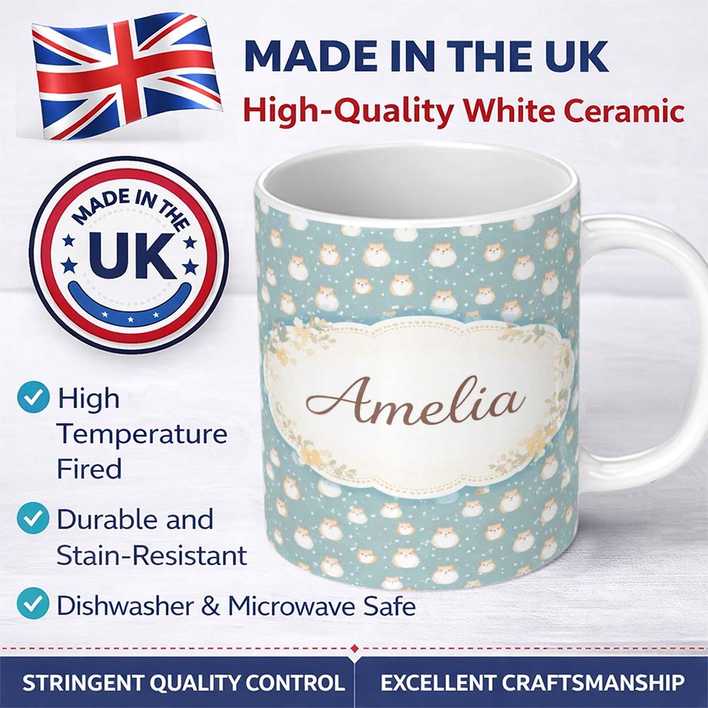 Personalized Custom Name Light Blue Cute Hamster Snowfall Seamless Pattern Cute Unique Gift 11oz Ceramic Coffee Tea Mug White Large Handle