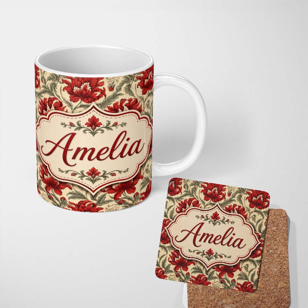 Personalized Custom Name Watercolor Red Botanical Leaves Seamless Pattern Cute Unique Gift 11oz Ceramic Coffee Tea Mug White Large Handle