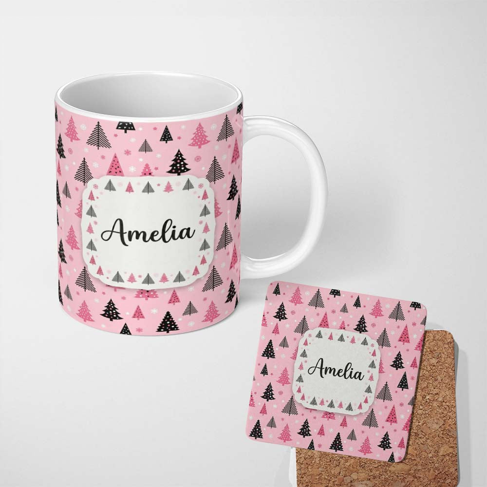 Personalized Custom Name Modern Pink Black Christmas Tree Snowflake Seamless Pattern Lovely 11oz Ceramic Coffee Tea Mug White Large Handle