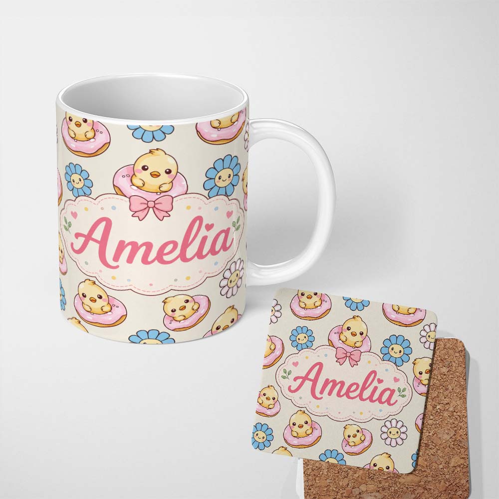 Personalized Custom Name Cute Baby Chick Donut Flowers Seamless Pattern Cream Background 11oz Ceramic Coffee Tea Mug White Large Handle