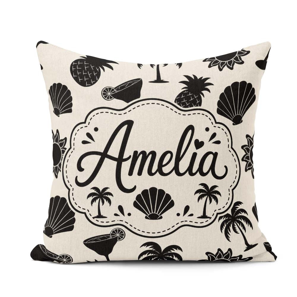 Custom Name Tropical Beach Pineapple Palm Cocktail Shell Pattern Square Filled Cushion Throw Pillow Sofa Bed Home Decor Zip Washable UK Made