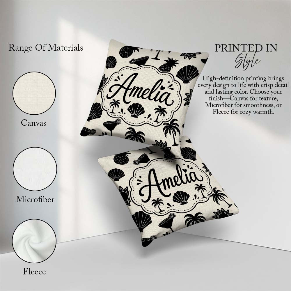 Custom Name Tropical Beach Pineapple Palm Cocktail Shell Pattern Square Filled Cushion Throw Pillow Sofa Bed Home Decor Zip Washable UK Made
