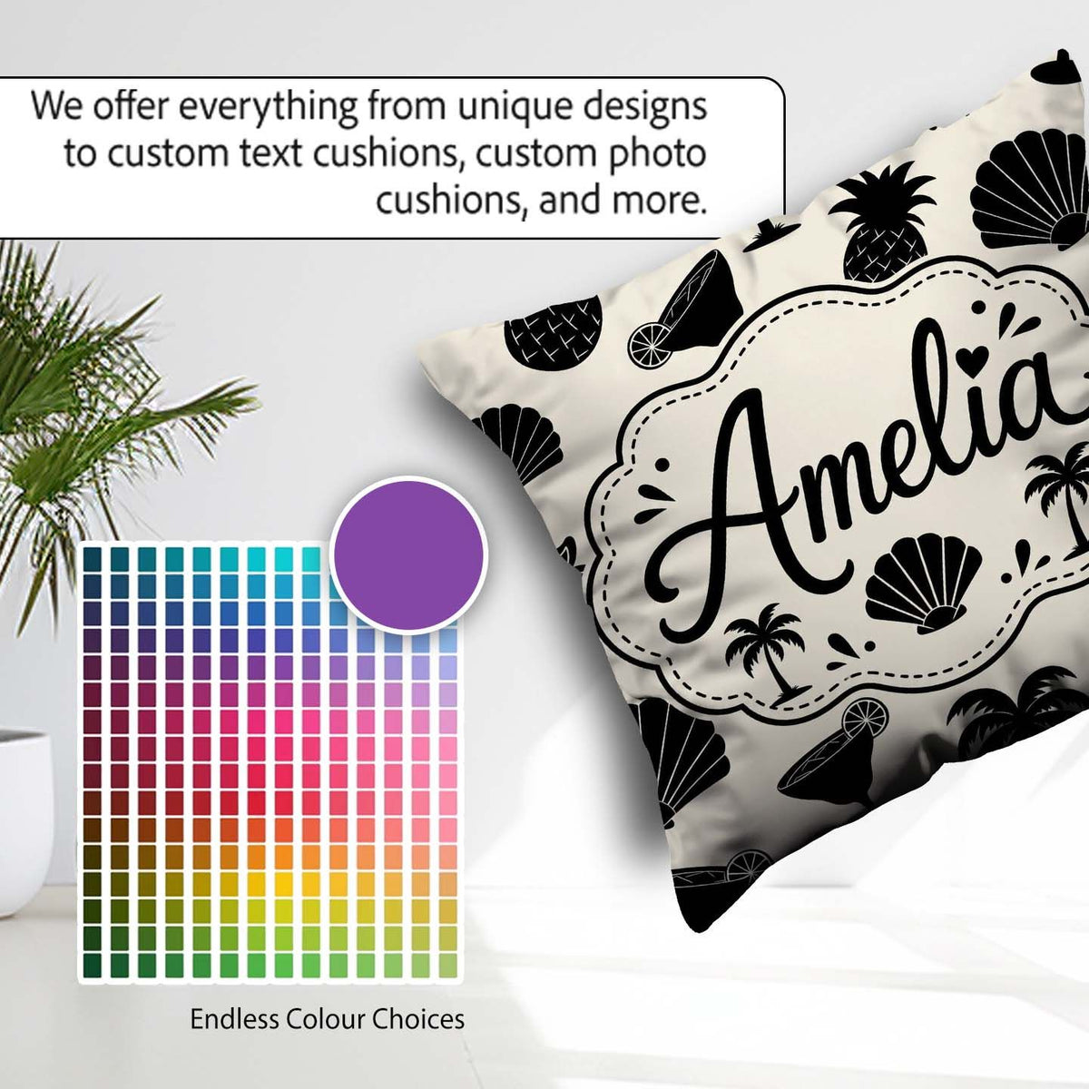 Custom Name Tropical Beach Pineapple Palm Cocktail Shell Pattern Square Filled Cushion Throw Pillow Sofa Bed Home Decor Zip Washable UK Made