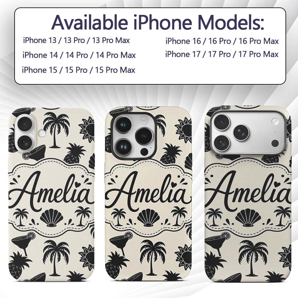 Tropical Beach Pineapple Palm Cocktail Shell Custom Name Protective Phone Case Mobile Cover Durable Everyday Smartphone Shock Resistant