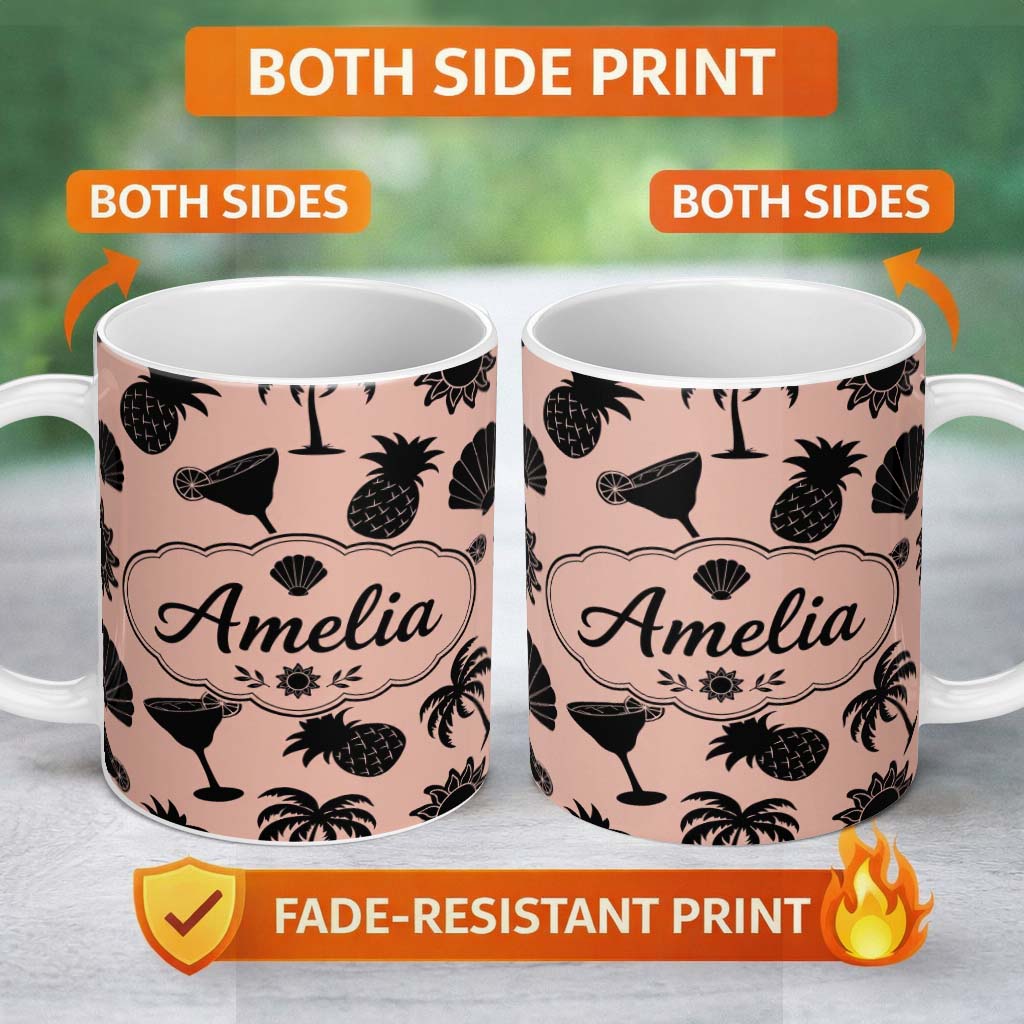 Personalized Custom Name Tropical Beach Silhouette Palm Pineapple Cocktail Shell Seamless 11oz Ceramic Coffee Tea Mug White Large Handle