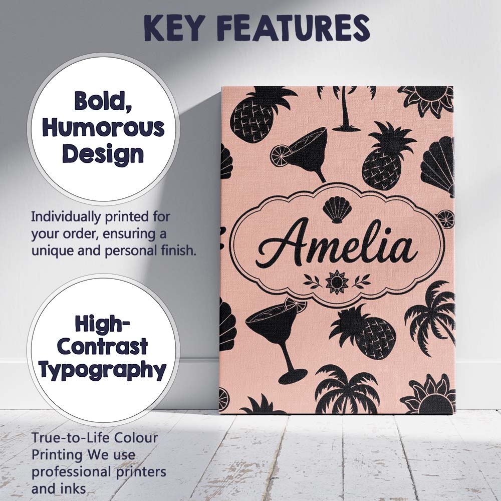 Personalised Name Tropical Beach Silhouette Custom Bespoke Interior Contemporary Canvas Wall Art Print Decor Picture Ready to Hang