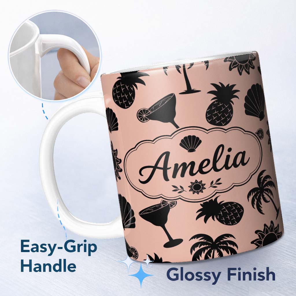 Personalized Custom Name Tropical Beach Silhouette Palm Pineapple Cocktail Shell Seamless 11oz Ceramic Coffee Tea Mug White Large Handle