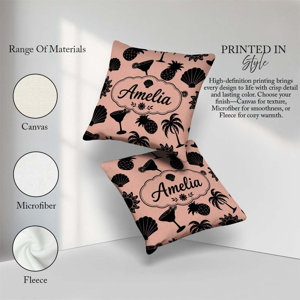 Custom Name Tropical Silhouette Palm Pineapple Cocktail Seamless Square Filled Cushion Throw Pillow Sofa Bed Home Decor Zip Washable UK Made