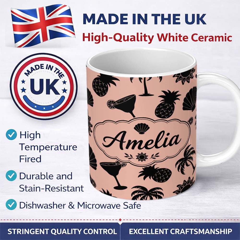Personalized Custom Name Tropical Beach Silhouette Palm Pineapple Cocktail Shell Seamless 11oz Ceramic Coffee Tea Mug White Large Handle