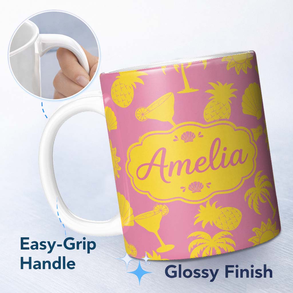 Personalized Custom Name Tropical Beach Yellow Pink Palm Pineapple Cocktail Shell Seamless 11oz Ceramic Coffee Tea Mug White Large Handle