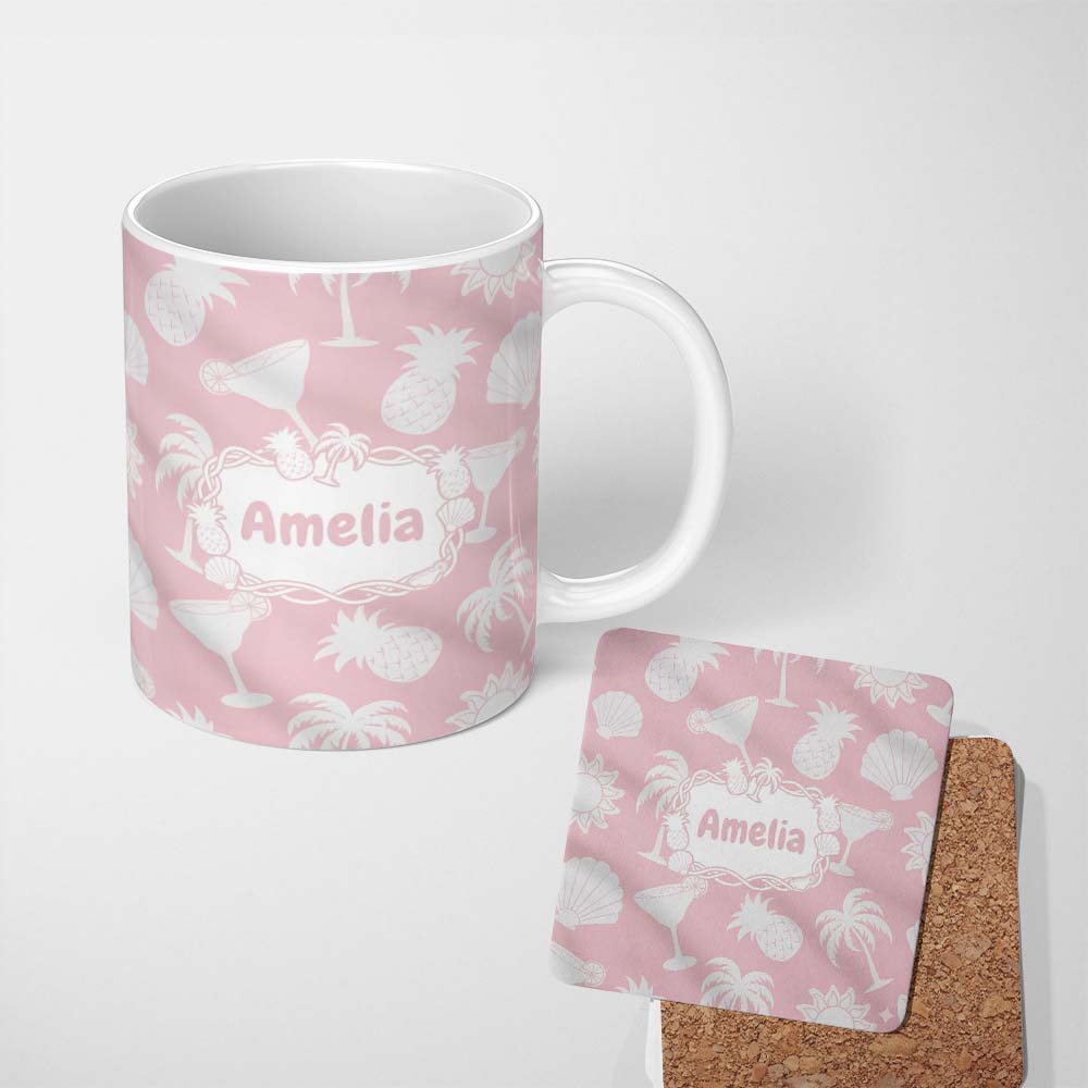 Personalized Custom Name Tropical Beach Soft Pastel Palm Pineapple Cocktail Shell Seamless 11oz Ceramic Coffee Tea Mug White Large Handle
