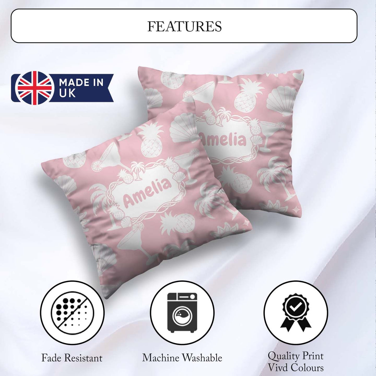 Custom Name Tropical Beach Soft Palm Pineapple Cocktail Seamless Square Filled Cushion Throw Pillow Sofa Bed Home Decor Zip Washable UK Made