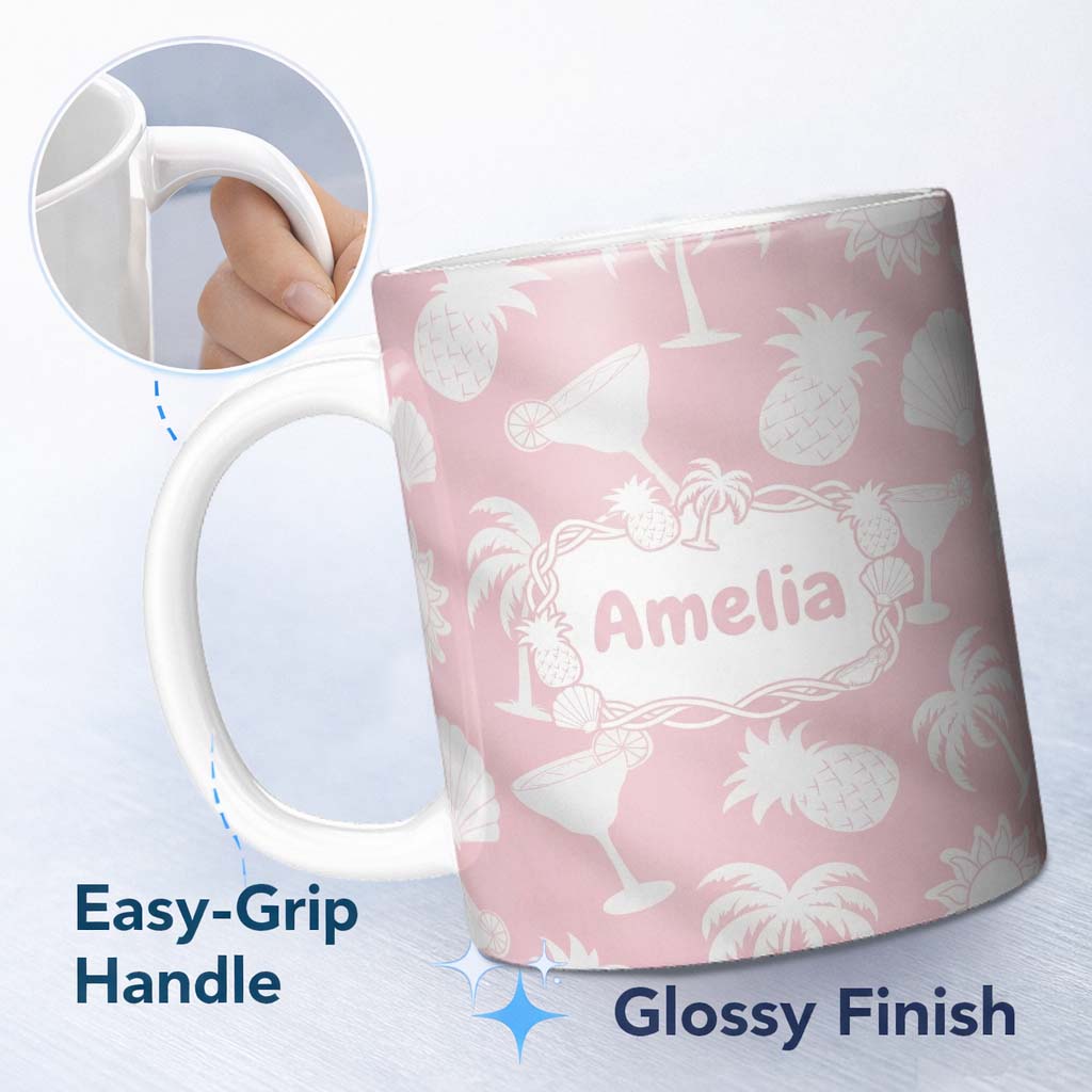 Personalized Custom Name Tropical Beach Soft Pastel Palm Pineapple Cocktail Shell Seamless 11oz Ceramic Coffee Tea Mug White Large Handle