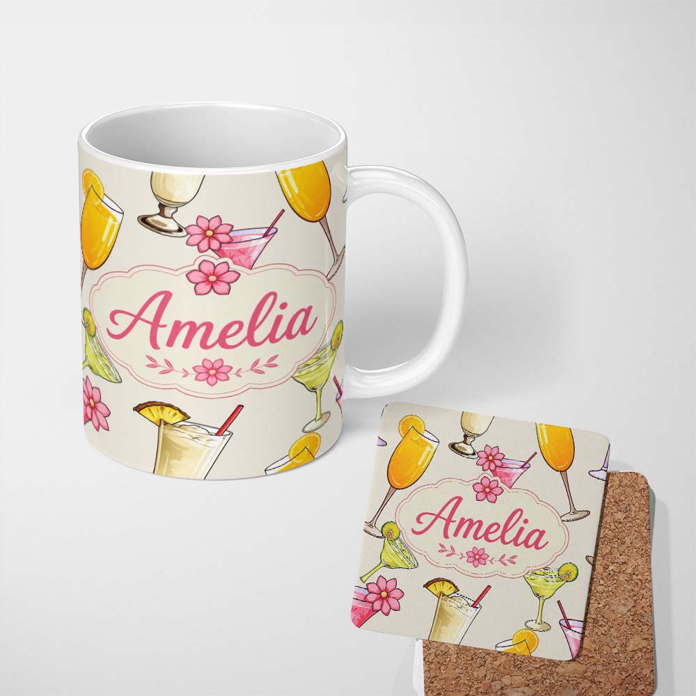 Personalized Custom Name Colorful Cocktail Drinks Summer Party Seamless Pattern Name Cute 11oz Ceramic Coffee Tea Mug White Large Handle