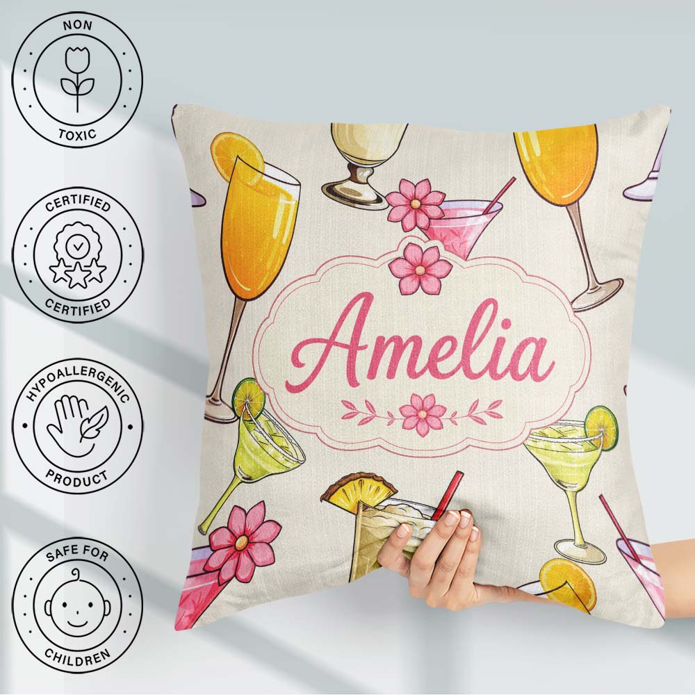 Custom Name Colorful Cocktail Drinks Party Seamless Pattern Name Square Filled Cushion Throw Pillow Sofa Bed Home Decor Zip Washable UK Made