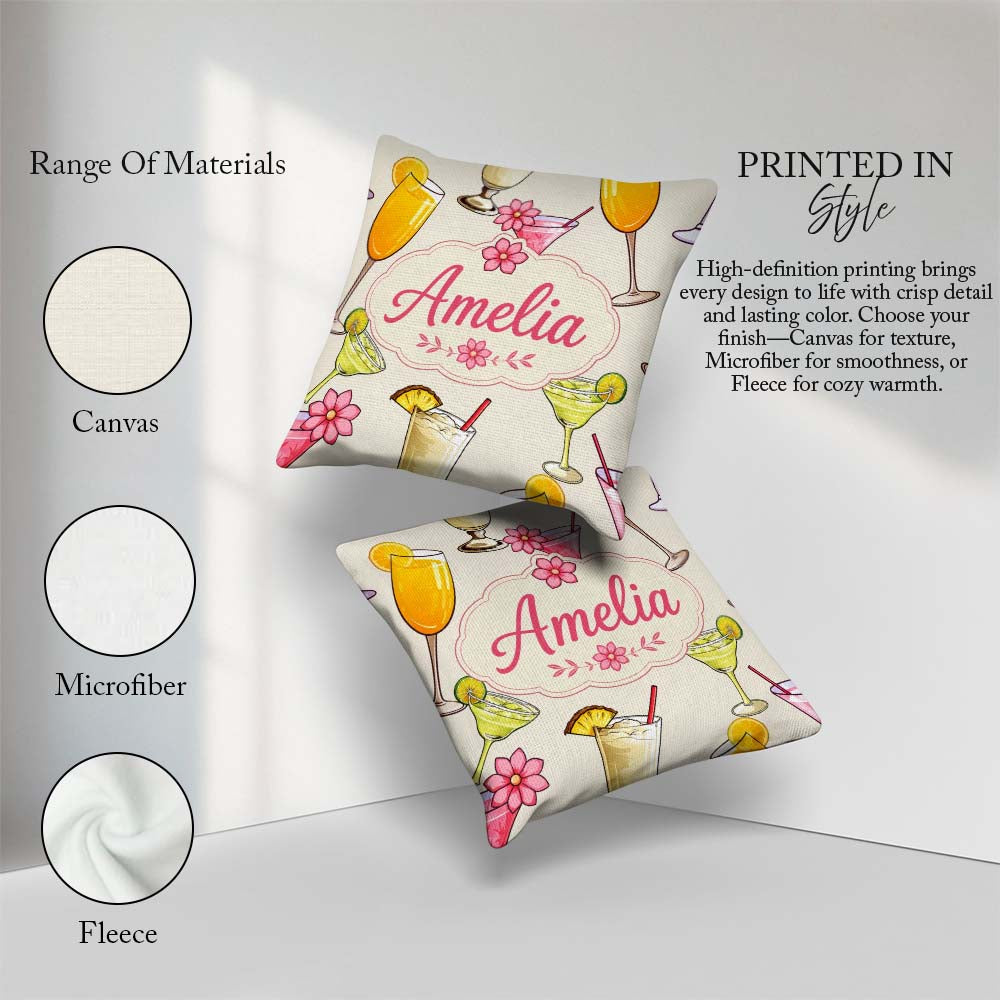 Custom Name Colorful Cocktail Drinks Party Seamless Pattern Name Square Filled Cushion Throw Pillow Sofa Bed Home Decor Zip Washable UK Made