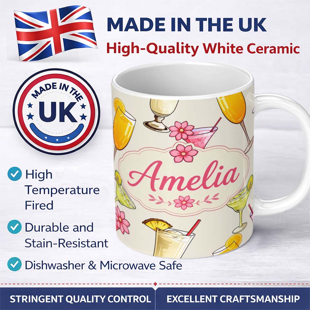 Personalized Custom Name Colorful Cocktail Drinks Summer Party Seamless Pattern Name Cute 11oz Ceramic Coffee Tea Mug White Large Handle