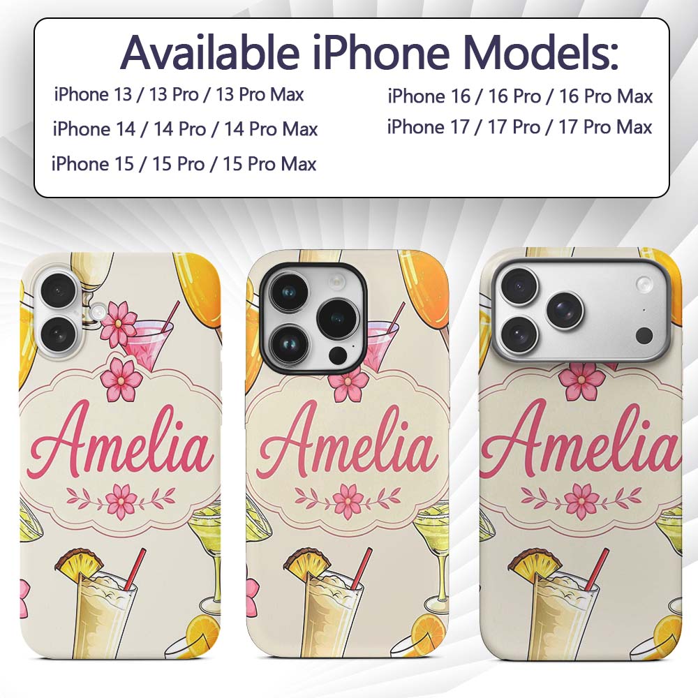 Colorful Cocktail Drinks Summer Party Seamless Custom Name Protective Phone Case Mobile Cover Durable Everyday Smartphone Shock Resistant