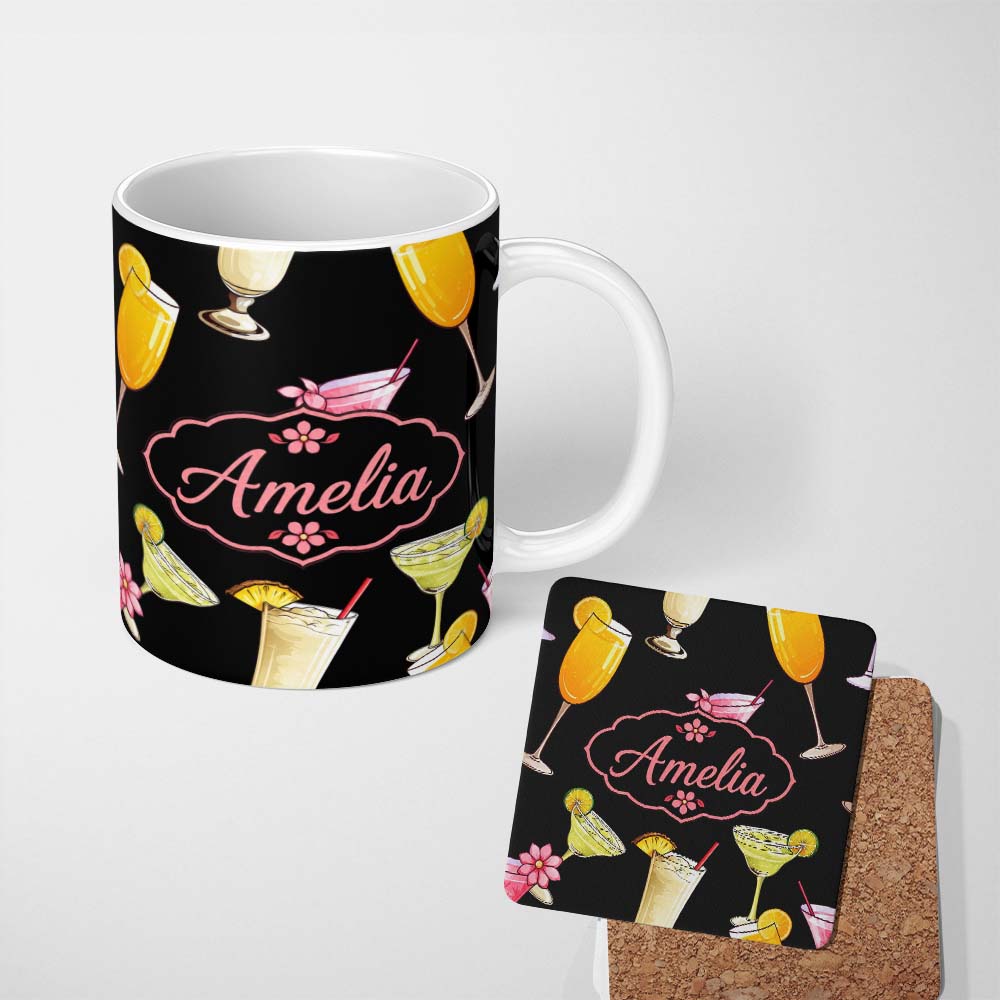 Personalized Custom Name Colorful Cocktail Drinks Dark Background Summer Party Seamless 11oz Ceramic Coffee Tea Mug White Large Handle