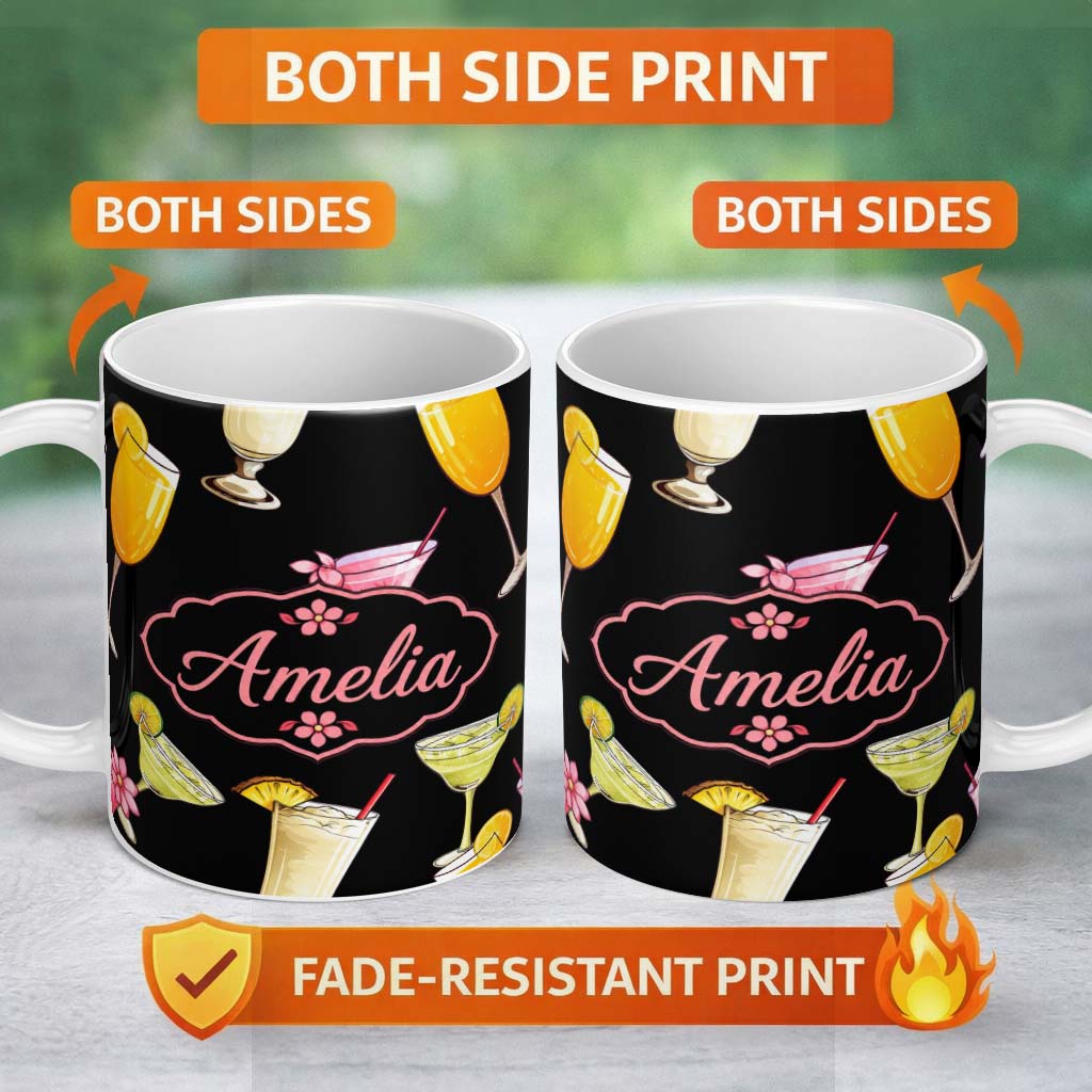 Personalized Custom Name Colorful Cocktail Drinks Dark Background Summer Party Seamless 11oz Ceramic Coffee Tea Mug White Large Handle