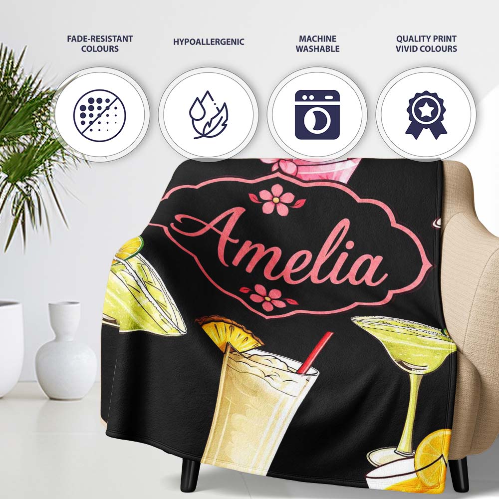 Colorful Cocktail Drinks Dark Background Summer Party Seamless Personalised Custom Name Super Soft Fleece Blanket Bed Sofa Throw
