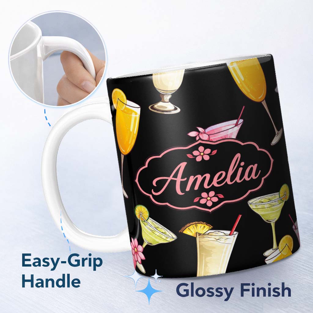 Personalized Custom Name Colorful Cocktail Drinks Dark Background Summer Party Seamless 11oz Ceramic Coffee Tea Mug White Large Handle