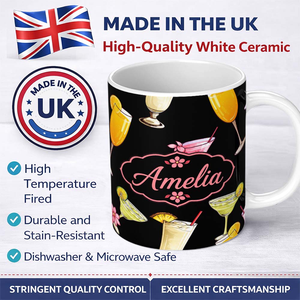 Personalized Custom Name Colorful Cocktail Drinks Dark Background Summer Party Seamless 11oz Ceramic Coffee Tea Mug White Large Handle
