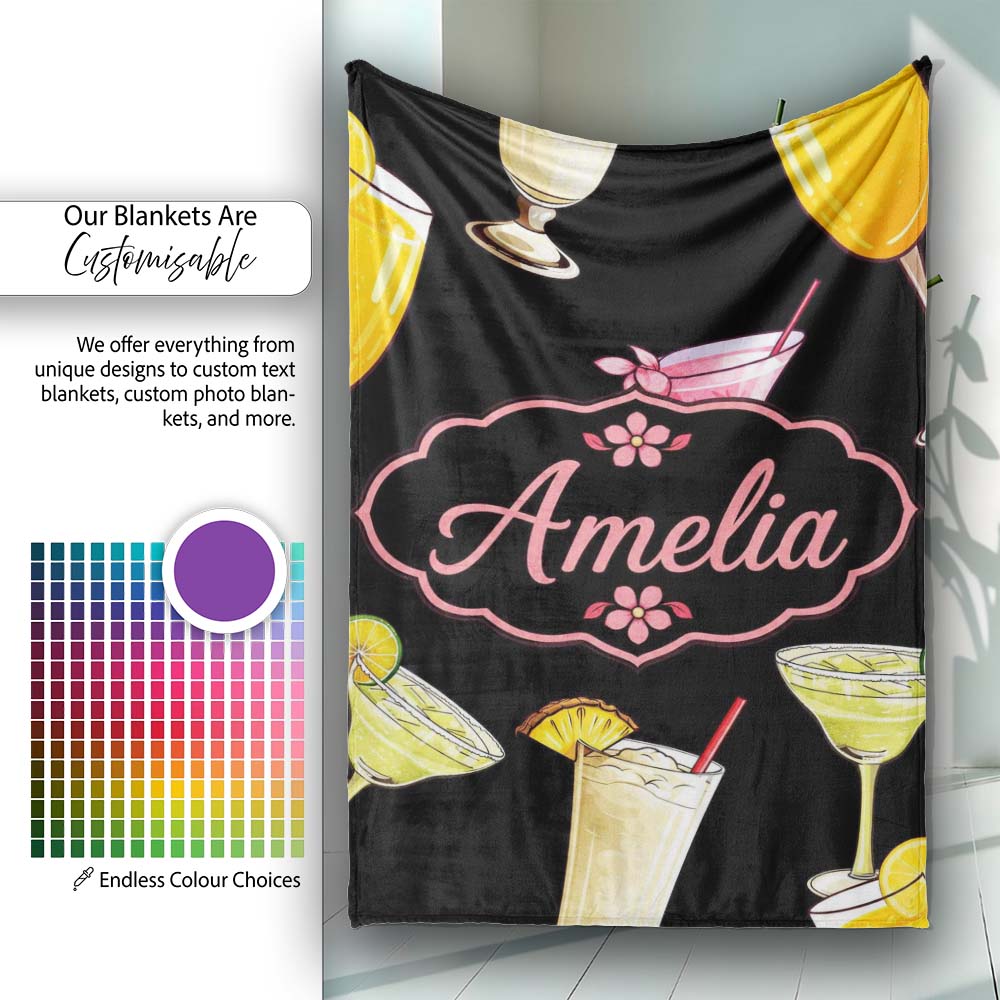 Colorful Cocktail Drinks Dark Background Summer Party Seamless Personalised Custom Name Super Soft Fleece Blanket Bed Sofa Throw