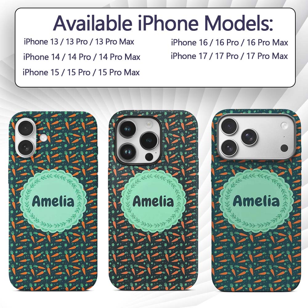 Cute Minimal Carrot and Clover Tossed Dark Teal Custom Name Protective Phone Case Mobile Cover Durable Everyday Smartphone Shock Resistant