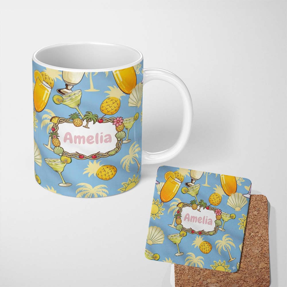 Personalized Custom Name Colorful Cocktail Drinks Blue Background Summer Party Seamless 11oz Ceramic Coffee Tea Mug White Large Handle