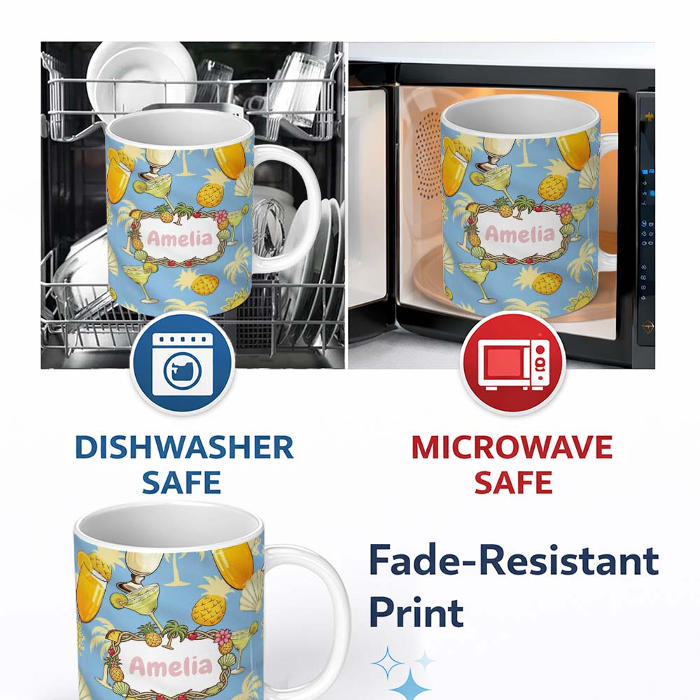 Personalized Custom Name Colorful Cocktail Drinks Blue Background Summer Party Seamless 11oz Ceramic Coffee Tea Mug White Large Handle