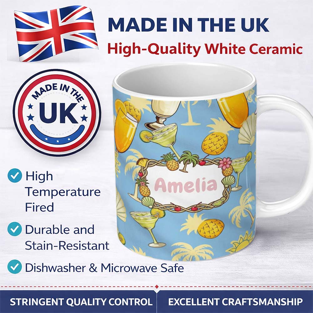 Personalized Custom Name Colorful Cocktail Drinks Blue Background Summer Party Seamless 11oz Ceramic Coffee Tea Mug White Large Handle