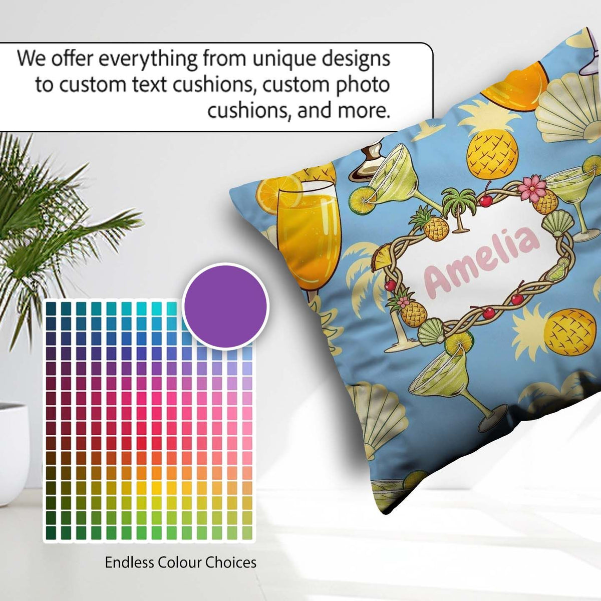 Custom Name Colorful Cocktail Drinks Blue Summer Party Seamless Square Filled Cushion Throw Pillow Sofa Bed Home Decor Zip Washable UK Made